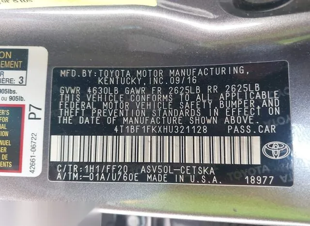 4T1BF1FKXHU321128 2017 2017 Toyota Camry- SE 9