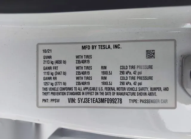 5YJ3E1EA3MF099278 2021 2021 Tesla Model 3- Standard Range P 9