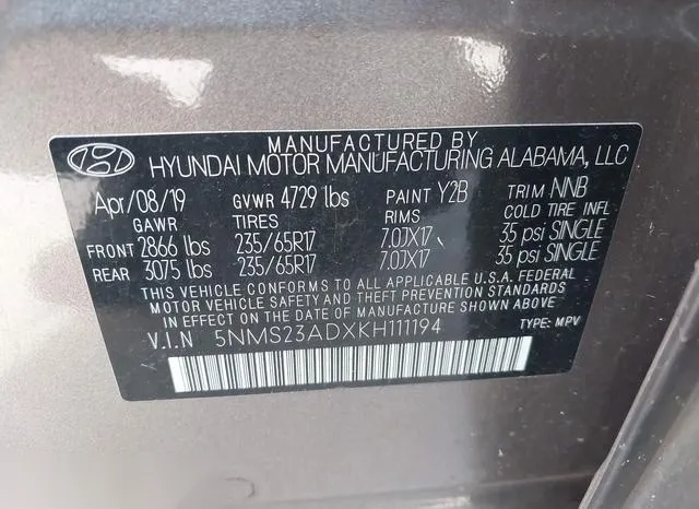 5NMS23ADXKH111194 2019 2019 Hyundai Santa Fe- SE 9