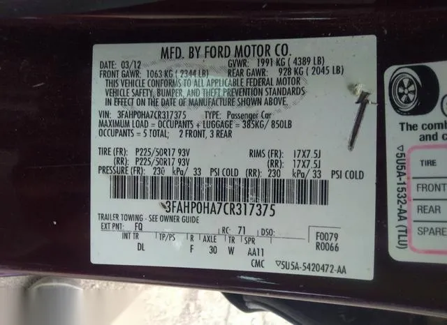 3FAHP0HA7CR317375 2012 2012 Ford Fusion- SE 9