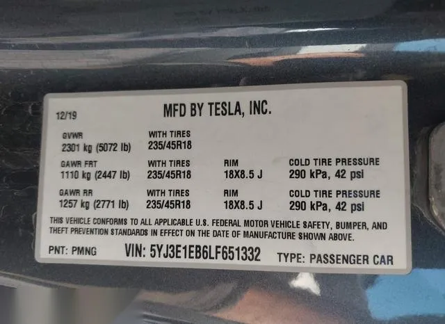 5YJ3E1EB6LF651332 2020 2020 Tesla Model 3- Long Range Dual 9