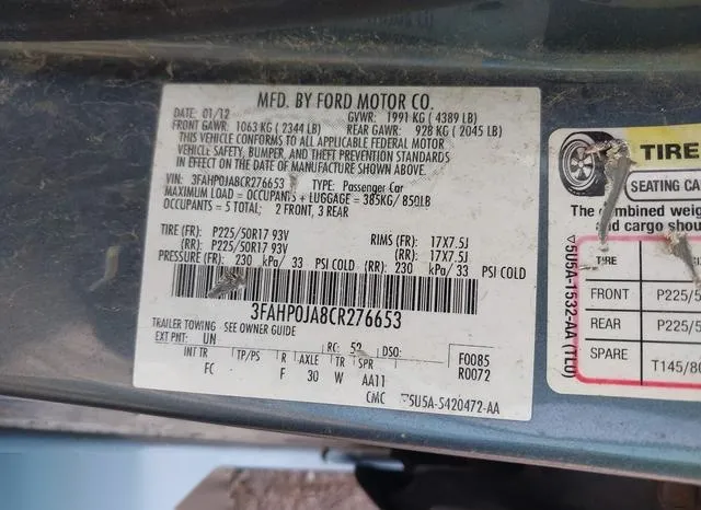 3FAHP0JA8CR276653 2012 2012 Ford Fusion- Sel 9