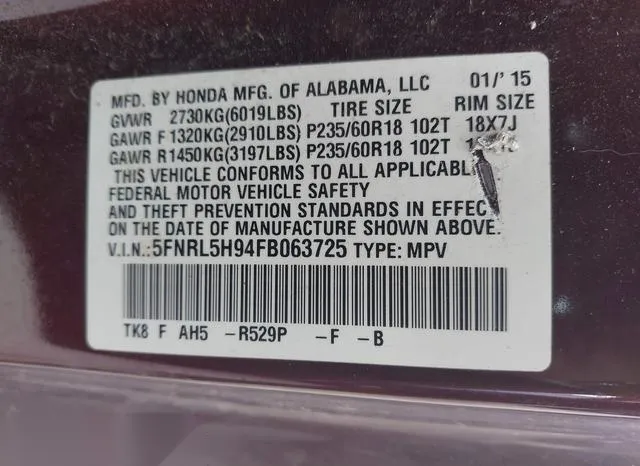 5FNRL5H94FB063725 2015 2015 Honda Odyssey- Touring/Touring 9