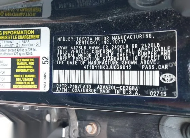 4T1B11HK3JU039012 2018 2018 Toyota Camry- Xle 9