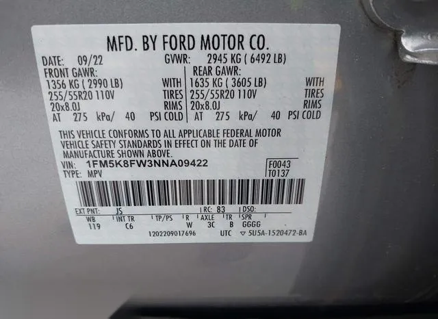 1FM5K8FW3NNA09422 2022 2022 Ford Explorer- Limited 9