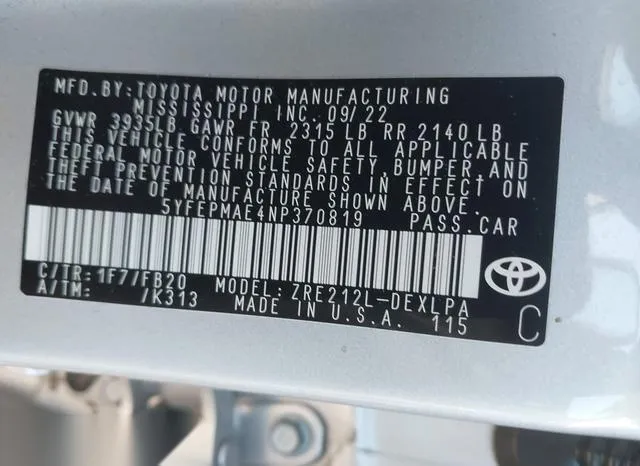 5YFEPMAE4NP370819 2022 2022 Toyota Corolla- LE 9