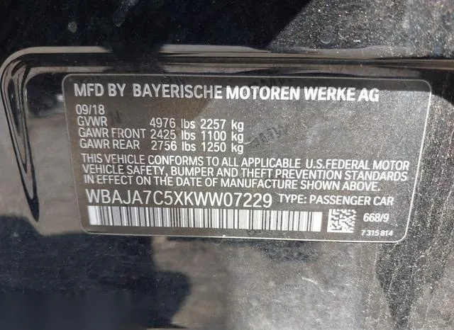 WBAJA7C5XKWW07229 2019 2019 BMW 5 Series- 530I Xdrive 9