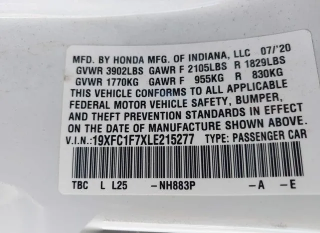 19XFC1F7XLE215277 2020 2020 Honda Civic- Ex-L 9