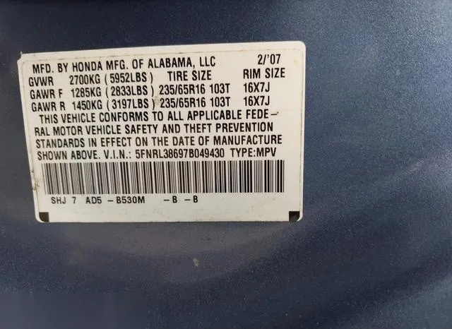 5FNRL38697B049430 2007 2007 Honda Odyssey- Ex-L 9