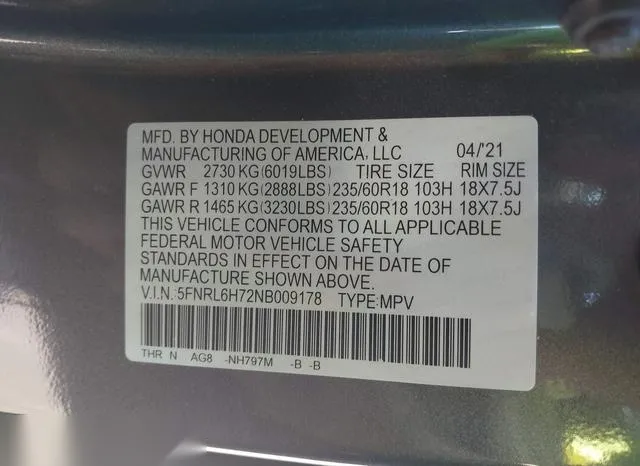 5FNRL6H72NB009178 2022 2022 Honda Odyssey- Ex-L 9