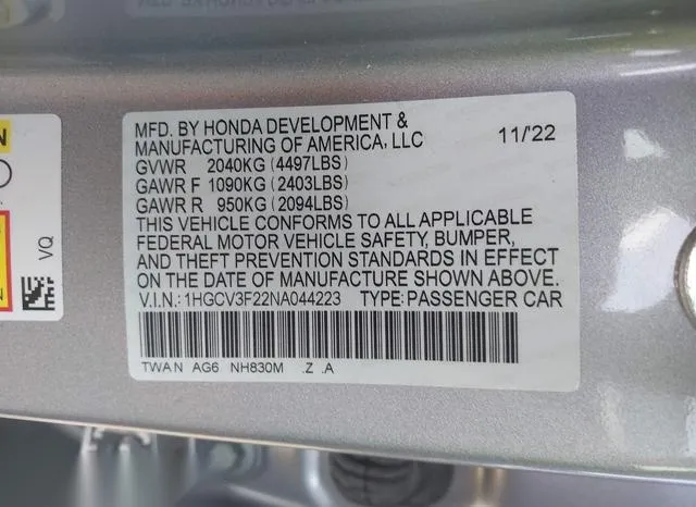 1HGCV3F22NA044223 2022 2022 Honda Accord- Hybrid Sport 9