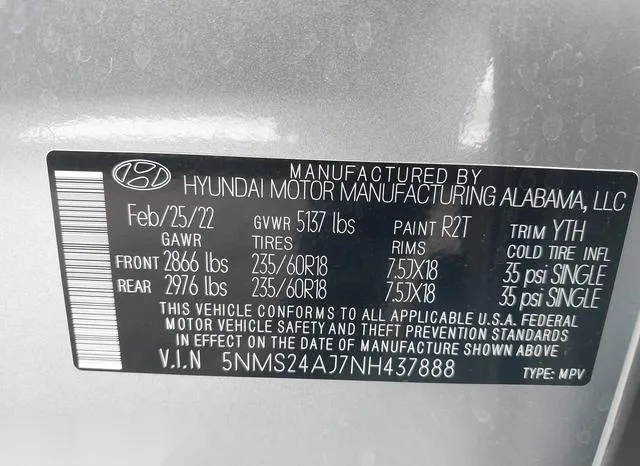 5NMS24AJ7NH437888 2022 2022 Hyundai Santa Fe- Sel 9