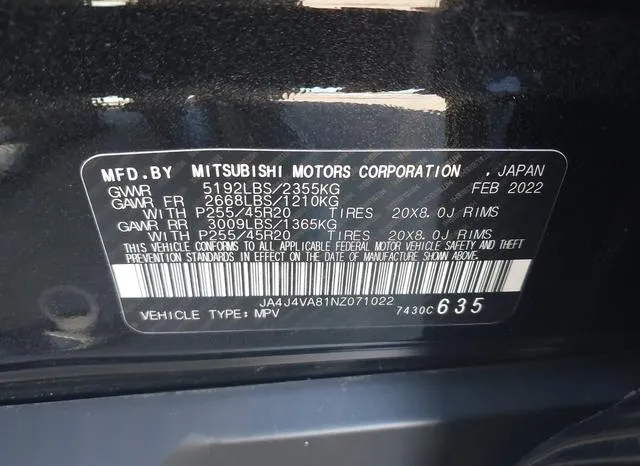 JA4J4VA81NZ071022 2022 2022 Mitsubishi Outlander- Sel 2-5 S- 9