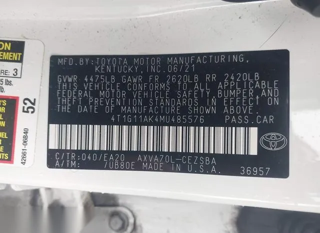 4T1G11AK4MU485576 2021 2021 Toyota Camry- SE 9