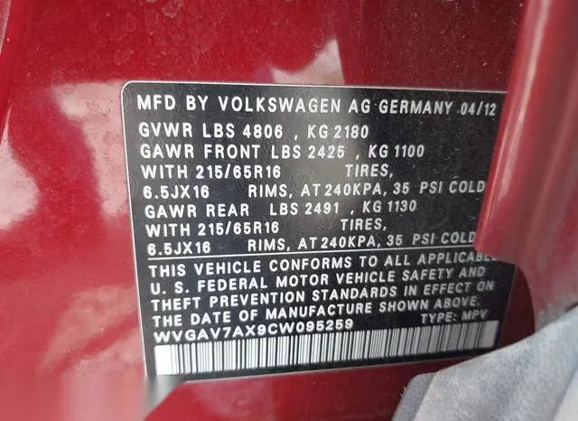 WVGAV7AX9CW095259 2012 2012 Volkswagen Tiguan- S 9