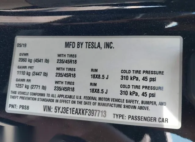 5YJ3E1EAXKF397713 2019 2019 Tesla Model 3- Long Range/Mid Ra 9