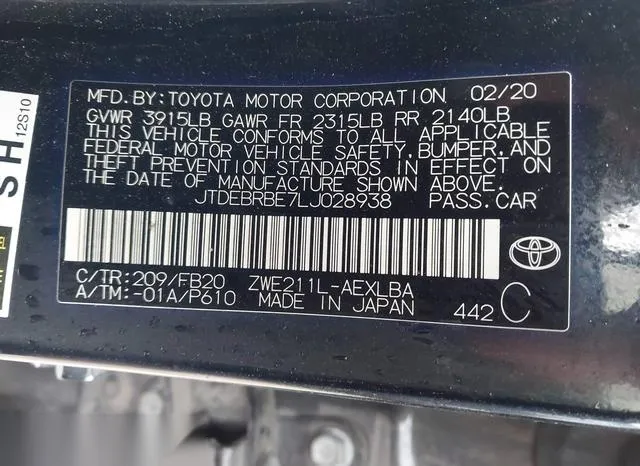 JTDEBRBE7LJ028938 2020 2020 Toyota Corolla- Hybrid Le 9