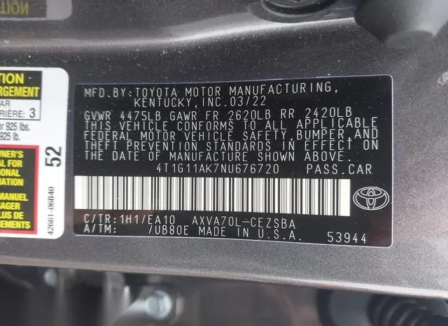 4T1G11AK7NU676720 2022 2022 Toyota Camry- SE 9