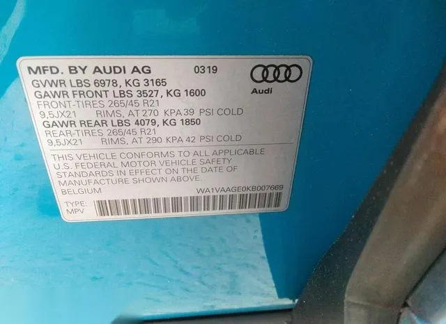 WA1VAAGE0KB007669 2019 2019 Audi E-Tron- Premium Plus 9