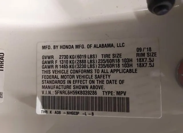 5FNRL6H59KB039286 2019 2019 Honda Odyssey- EX 9