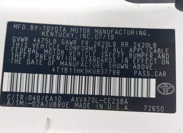 4T1B11HK9KU837788 2019 2019 Toyota Camry- SE 9