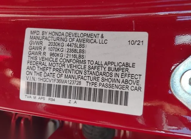 1HGCV1F36MA123728 2021 2021 Honda Accord- Sport 9