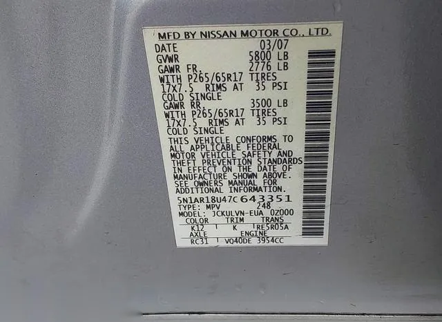 5N1AR18U47C643351 2007 2007 Nissan Pathfinder- LE 9