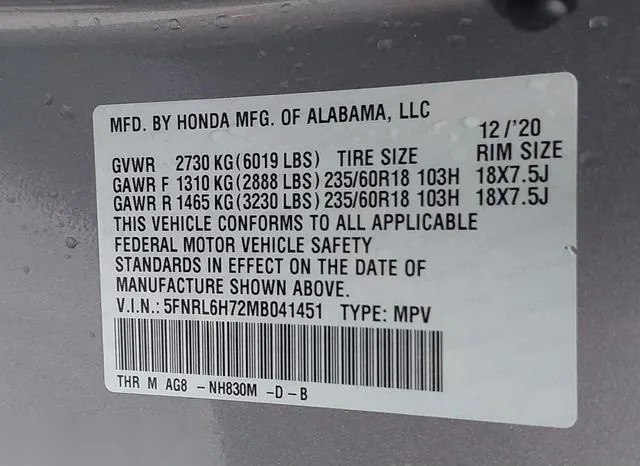 5FNRL6H72MB041451 2021 2021 Honda Odyssey- Ex-L 9