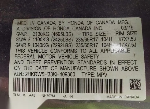 2HKRW5H33KH409360 2019 2019 Honda CR-V- LX 9