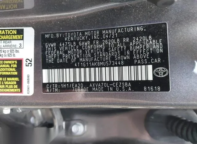 4T1G11AK8MU573448 2021 2021 Toyota Camry- SE 9