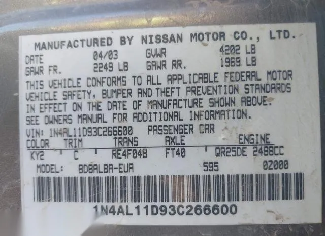 1N4AL11D93C266600 2003 2003 Nissan Altima- 2-5 S 9