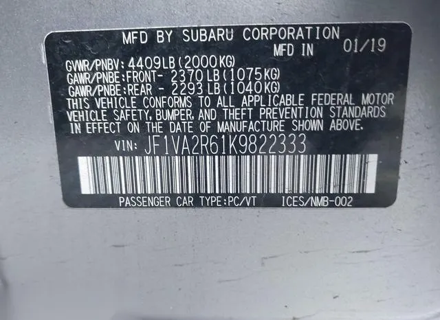 JF1VA2R61K9822333 2019 2019 Subaru Wrx Sti 9