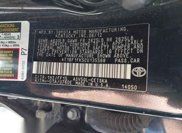 4T1BF1FK5CU135568 2012 2012 Toyota Camry- SE 9