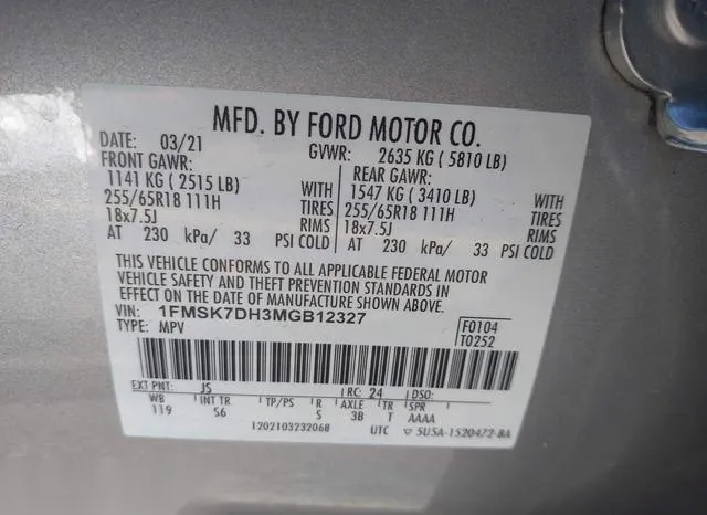 1FMSK7DH3MGB12327 2021 2021 Ford Explorer- Xlt 9