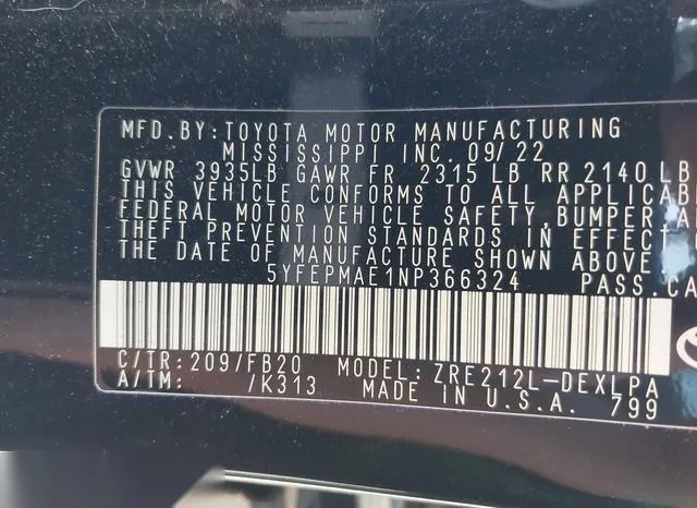 5YFEPMAE1NP366324 2022 2022 Toyota Corolla- LE 9