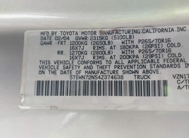 5TEWN72N54Z374638 2004 2004 Toyota Tacoma- Base V6 9