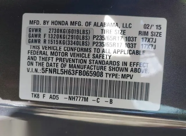 5FNRL5H63FB065908 2015 2015 Honda Odyssey- Ex-L 9