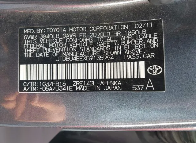 JTDBU4EEXB9135994 2011 2011 Toyota Corolla- LE 9