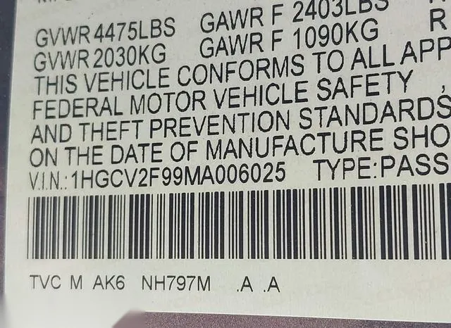 1HGCV2F99MA006025 2021 2021 Honda Accord- Touring 9