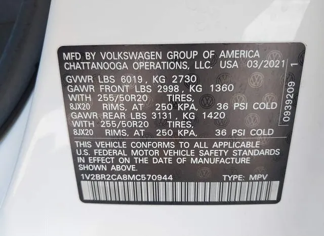 1V2BR2CA8MC570944 2021 2021 Volkswagen Atlas- 3-6L V6 Sel 9