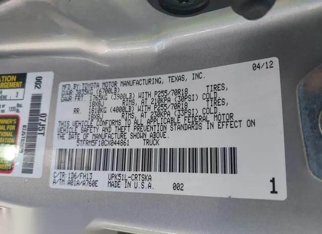 5TFRM5F10CX044861 2012 2012 Toyota Tundra- Grade 4-6L V8 9