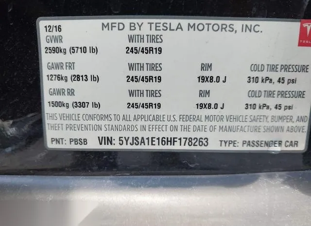 5YJSA1E16HF178263 2017 2017 Tesla Model S- 60/75 9