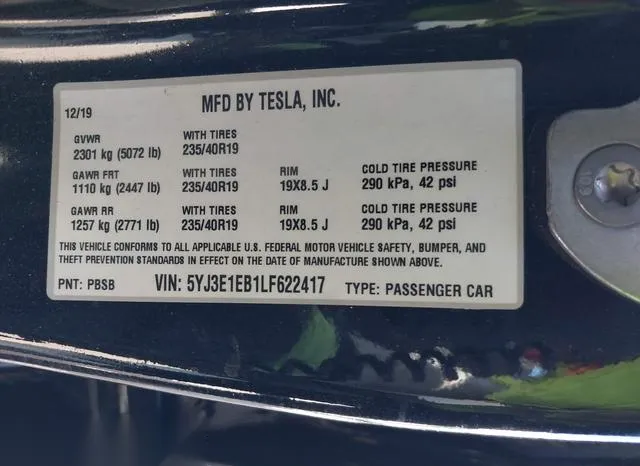 5YJ3E1EB1LF622417 2020 2020 Tesla Model 3- Long Range Dual 9