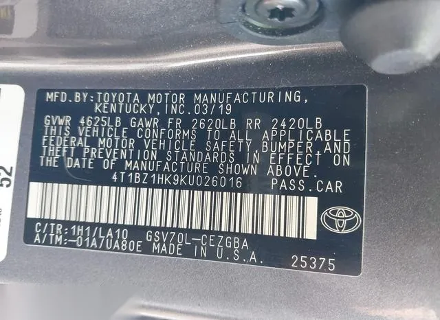 4T1BZ1HK9KU026016 2019 2019 Toyota Camry- Xle V6 9