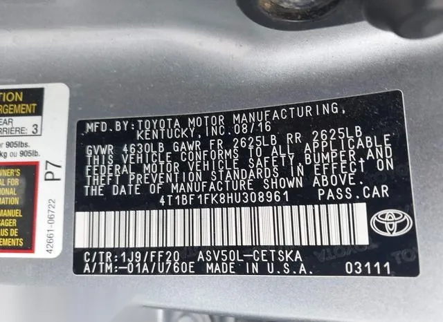 4T1BF1FK8HU308961 2017 2017 Toyota Camry- SE 9