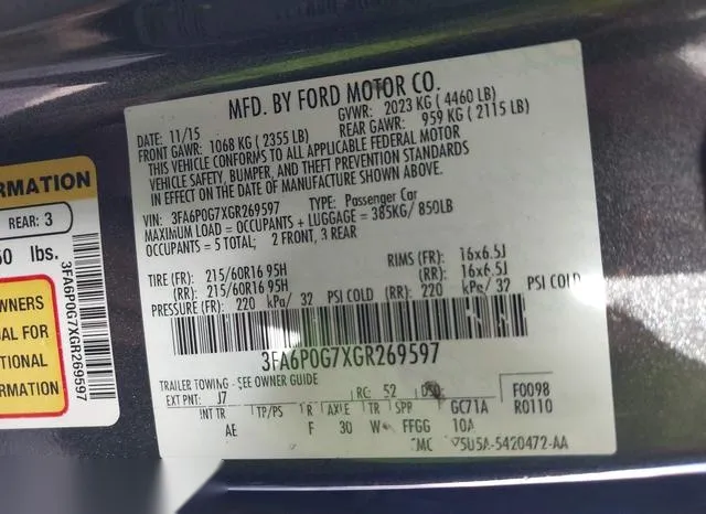 3FA6P0G7XGR269597 2016 2016 Ford Fusion- S 9