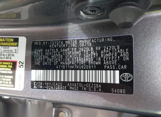 4T1B11HK7KU820911 2019 2019 Toyota Camry- SE 9