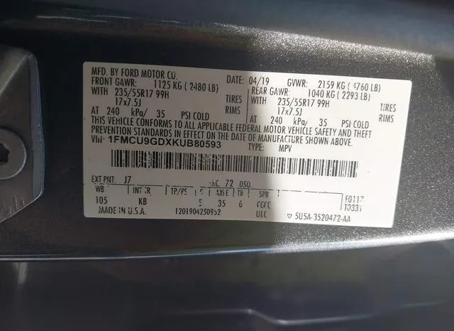 1FMCU9GDXKUB80593 2019 2019 Ford Escape- SE 9