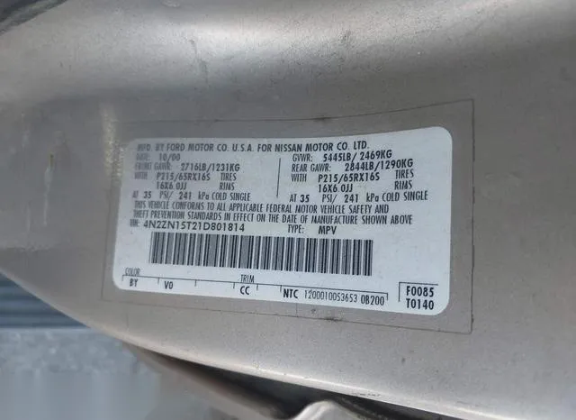 4N2ZN15T21D801814 2001 2001 Nissan Quest- Gxe 9