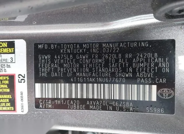 4T1G11AK1NU677670 2022 2022 Toyota Camry- SE 9